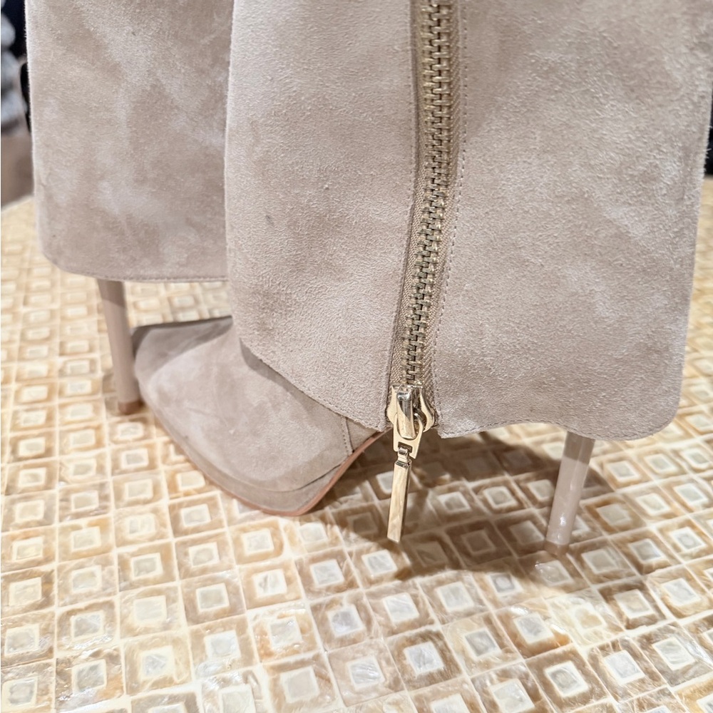 Steve Madden Taupe Suede Pointed Toe Stiletto Ankle Boots with Gold Zip